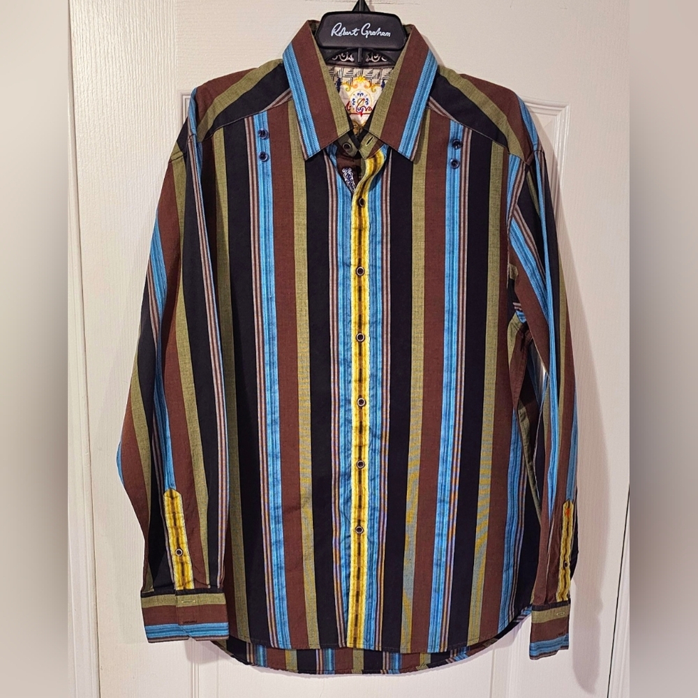 Robert Graham Men's Striped Shirt - Blue, Brown, Yellow